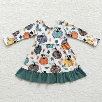 Оптовая продажа, Платье-тыква для маленьких девочек, Детская леопардовая одежда с длинными рукавами, одежда для малышей на День Благодарения и Хэллоуин