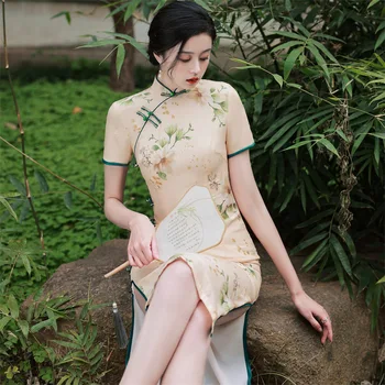 Китайское Традиционное платье с цветочным принтом, короткий рукав, Чонсам, воротник-стойка, Облегающее платье-футляр, женское платье-чонсам