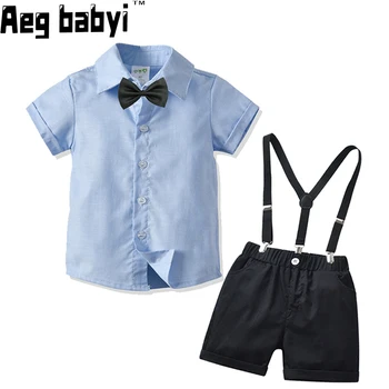Детский строгий костюм для мальчиков, рубашки с бабочкой + шорты на ремешке, комплекты летней одежды для маленьких мальчиков, детский повседневный костюм джентльмена