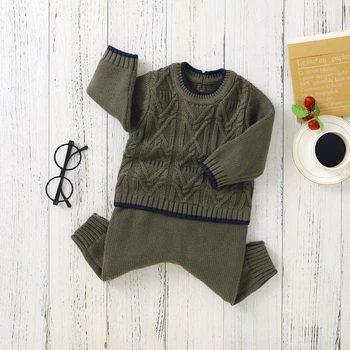 Комбинезон-свитер для новорожденных девочек и мальчиков, зимний контрастный по цвету вязаный теплый длинный комбинезон с круглым вырезом для малышей