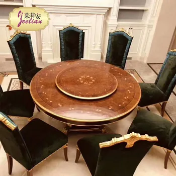Сочетание обеденного стола и стула в европейском стиле, массив дерева, ткань из золотой фольги, круглый обеденный стол из паркета из коричневого шпона