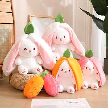Креативный забавный кролик в морковной сумочке, Мягкий кролик, прячущийся в сумке с клубникой, Плюшевый подарок для детей, подарок подруге на день рождения
