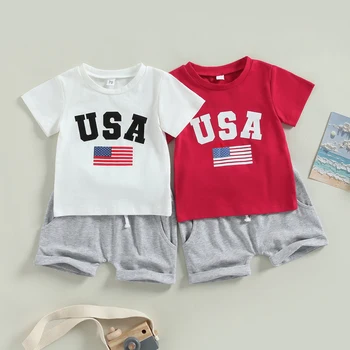 Летняя одежда Citgeett на День независимости для малышей, Топы с коротким рукавом и буквенным принтом в виде флага + Шорты, Комплект одежды