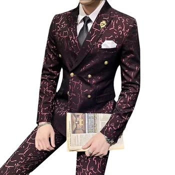 Классический мужской деловой жаккардовый костюм, 2 предмета, черный / красный / зеленый, модный роскошный комплект мужского платья Slim Fit для свадебного банкета