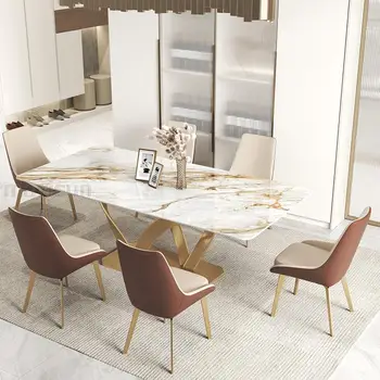 Набор из 6 стульев и стола 1,8 м, изготовленный на заказ, с глянцевой мраморной столешницей, Металлическое основание, Островной столик для ресторана роскошного отеля Mesa Elevable