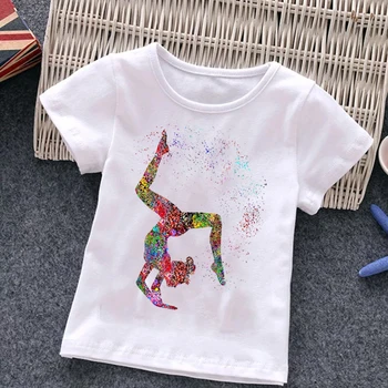 Акварельная футболка для девочек по гимнастике, Милая гимнастическая одежда с мультяшным принтом для девочек, Летняя модная детская одежда, топ с коротким рукавом