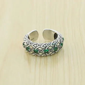 Ювелирные изделия из стерлингового серебра S925 Мужская индивидуальность, Открытое кольцо с зеленым цирконием, Тайская серебряная чешуя дракона, модное пищевое кольцо в стиле панк