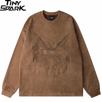 Мужская Замшевая толстовка Уличная одежда с вышивкой Butterfly Monster Пуловер Harajuku 2023 Спортивная рубашка Пуловер Уличная одежда в стиле хип-хоп