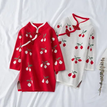 Новогодняя одежда, детские длинные свитера, зимняя вишня, вязаные платья в китайском стиле для маленьких девочек, хлопковый детский Чонсам