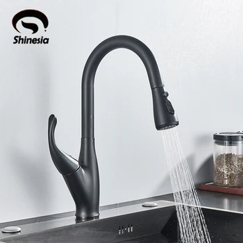 Shinesia Матовый Черный кухонный кран с выдвижным распылителем, смеситель с одной ручкой, смеситель для раковины, кухонный кран с вращением на 360 градусов
