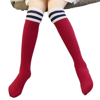 Детские гольфы для девочек, повседневные хлопчатобумажные носки в полоску с высокой эластичностью, 6-15 лет