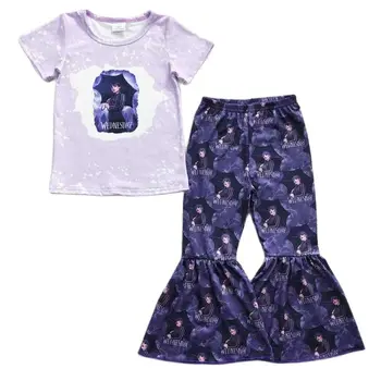 Летние Бутик-наряды для детей и девочек, футболки и расклешенные брюки, фиолетовые костюмы, одежда для малышей оптом