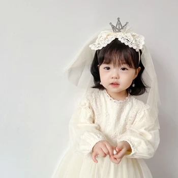 1шт Винтажный обруч для волос в европейском стиле с короной, Новый Корейский Кружевной головной убор принцессы с пайетками, повязка на голову для ребенка 2-5 лет