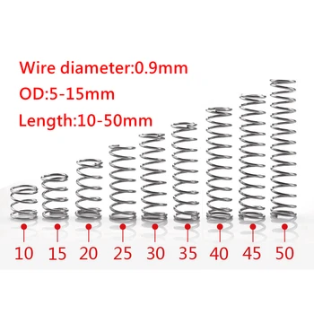 10шт Диаметр провода 0,9 мм 304 Пружина сжатия из нержавеющей стали Возвратная пружина Наружный диаметр 5-15 мм Длина 10-50 мм