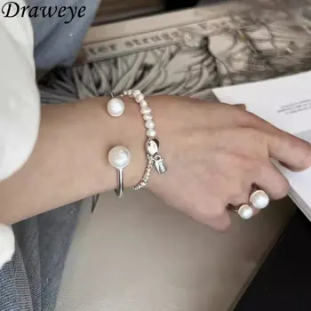 Браслеты Draweye, жемчуг, Металлические бусины, Элегантный Корейский модный браслет для женщин, Серебристый цвет, простые винтажные браслеты Mujer