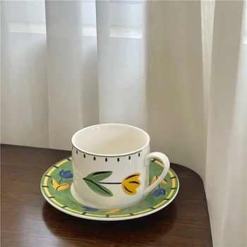 Набор чашек и блюдец для эспрессо в стиле тюльпан в стиле ретро, керамика высокого качества, Ins Wind, Ручная роспись, домашний послеобеденный чай