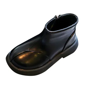 Осенне-зимние детские ботинки Ботильоны для мальчиков и девочек На толстой подошве с нескользящей боковой молнией, с круглым носком, однотонные ботинки для девочек, размер 9
