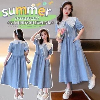 Летние платья для маленьких девочек, джинсовое платье для девочек от 4 до 16 лет, элегантная одежда для вечеринок, новинка 2023 года, детская одежда, платье в корейском стиле