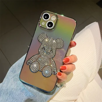 Оригинальный чехол Diamond Bear для iPhone 14 13 12 11Pro Max Plus Aurora Laser Cute Прозрачный силиконовый чехол