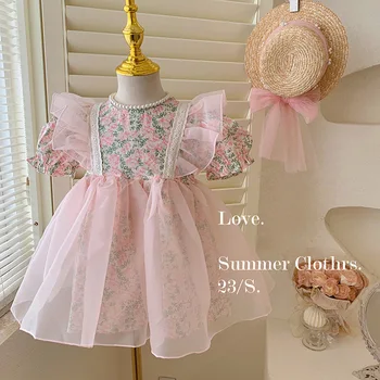 Платье принцессы с разорванным цветком для девочек 2023, Новое Детское Корейское модное Летнее платье с пышными рукавами