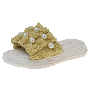 CUZULLAA / Летние детские тапочки на плоской подошве с жемчугом Для девочек, пляжные сандалии, нескользящие модные тапочки для девочек, Размер 26-37