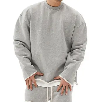 Мужская толстовка оверсайз с круглым вырезом, однотонный повседневный пуловер с плюшевым подолом, свободный повседневный пуловер, толстовка для бега трусцой.