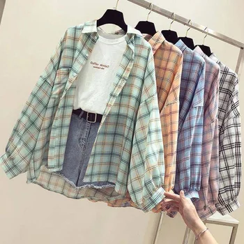Новый Корейский стиль Клетчатые Классические Свободные рубашки Блузка Женская Повседневная Милая Большая Студенческая Женская одежда Модная Винтажная рубашка