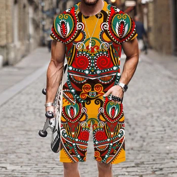 Летняя мужская футболка/Шорты/костюм с 3D-принтом в этническом стиле ретро с цветами, повседневные графические топы + брюки, комплект из 2 предметов, мужская пляжная одежда