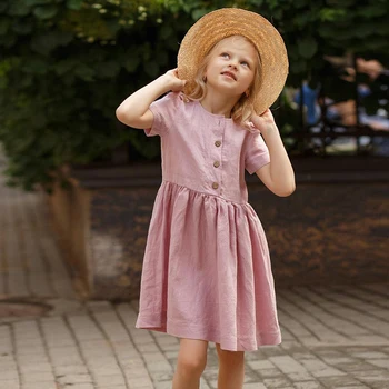 Летнее платье для девочек, новые Корейские детские повседневные платья Sweet Princess из хлопка и льна с круглым вырезом и коротким рукавом, TZ05