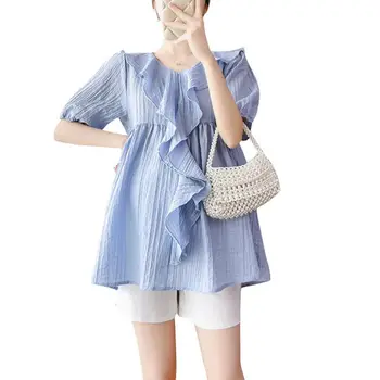 Блузка для беременных, однотонная летняя кукольная блузка с V-образным вырезом и коротким рукавом, тканевые топы большого размера, женская одежда для беременных, футболка для беременных