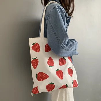 Женская холщовая сумка для покупок, большие эко-сумки через плечо с клубничным принтом для девочки 2022, студенческая складная сумка