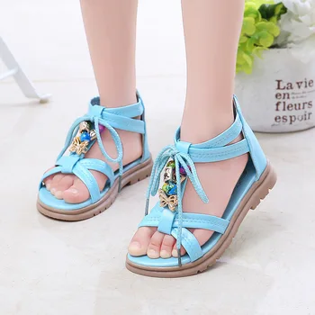 Летняя Корейская версия 2023 года, расшитые бисером сандалии для девочек, Римские туфли, обувь принцессы, детская обувь среднего и большого размера