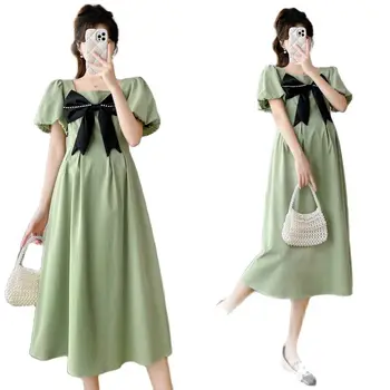 Летнее платье для беременных большого размера с пышными рукавами и квадратным воротником, зеленое платье для беременных, вечернее платье принцессы