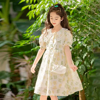 Летнее платье с цветочным Рисунком Для девочек, Новинка 2023 года, Корейская Версия, Платье Принцессы Для детей Среднего и Большого Размера, Элегантное Милое Платье Принцессы