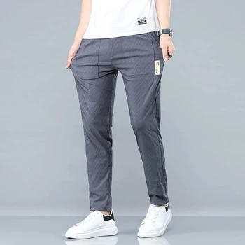 Новые мужские свободные прямые тонкие повседневные брюки 2023 года, Корейские дышащие брюки из ледяного шелка с завязками, брюки с карманами на молнии, мужские брюки