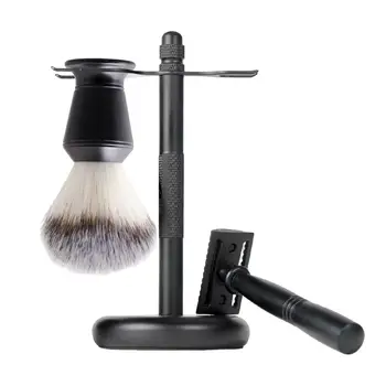 3x Набор для бритья для мужчин, Черный Элегантный инструмент для бритья, Бритва для бритья + Подставка-держатель + Набор кисточек для бритья, Подарки ко Дню отца