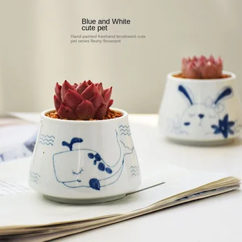 Синяя и белая ручная роспись плоского мультяшного милого животного, керамический горшок для суккулентов, ваза, украшение для стола, украшение для дома