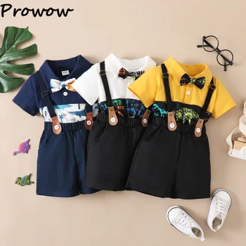 Prowow/ одежда для маленьких мальчиков от 0 до 4 лет, лоскутная рубашка-поло с динозавром, комбинезон на подтяжках, 2 предмета, джентльменская одежда для маленьких мальчиков