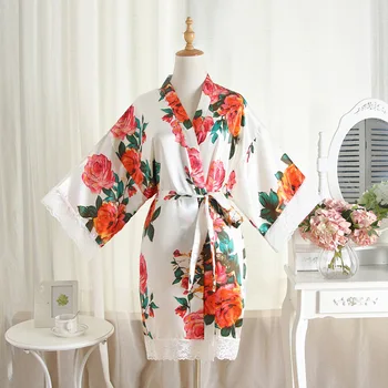 Женский атласный белый халат с цветочным принтом, кружевное кимоно, летняя пижама, сексуальный халат
