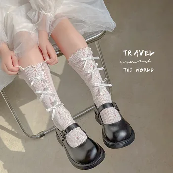 Мода для девочек в стиле Лолиты, белые кружевные носки для маленьких девочек с милым бантом, полые, до колена