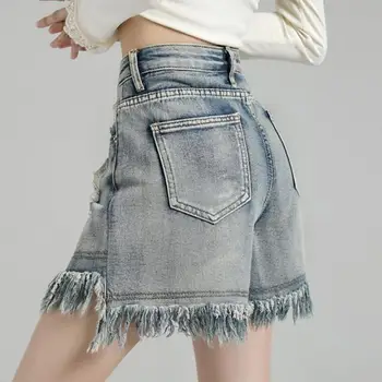 Женские джинсовые шорты XS-XL, Летние женские короткие брюки с высокой ширинкой на пуговицах, Однотонные Свободные Повседневные Модные женские брюки, Одежда Hw30
