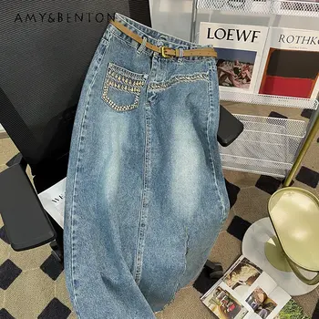 Джинсовая юбка с разрезом в стиле ретро, женская летняя джинсовая юбка 2023, Новая мода, тяжелая промышленность, юбка средней длины со стразами с высокой талией