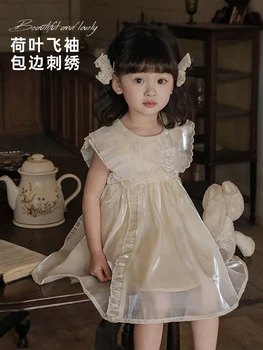 Платье из органзы для девочек 2023, летнее новое дышащее кружевное платье принцессы