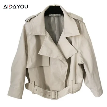 Женское кожаное пальто на молнии в стиле бойфренда, осенние мотоциклетные куртки из искусственной кожи Ouc3381