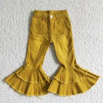 Фабричная поставка, регулируемый пояс, детские брюки на пуговицах, брюки из отбеленного денима для девочек, детские джинсы с двойным расклешением.