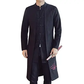 Модная мужская винтажная хлопковая льняная куртка-ветровка с воротником-стойкой и пряжкой в виде лягушки, длинная куртка в китайском стиле, уличная одежда