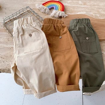 Весенне-осенние брюки для маленьких мальчиков и девочек, однотонные хлопковые детские брюки с эластичной резинкой на талии, повседневные брюки в корейском стиле для детей