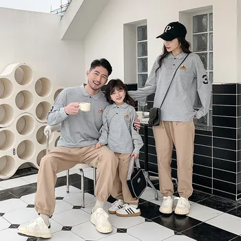 одинаковые комплекты для семьи, мама и дети, японская весенняя мужская футболка с вышитыми лацканами, корейская футболка с длинными рукавами, Семейный образ