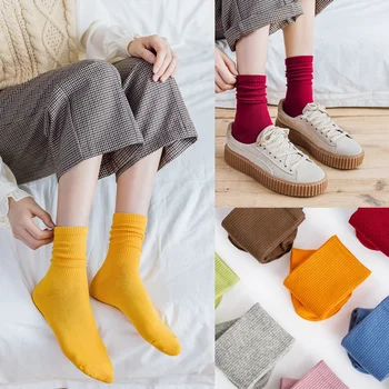 Однотонные носки средней вязки, Япония, Корея, свободные длинные носки, женские мягкие хлопчатобумажные носки для девочек, зима-осень, модные хлопчатобумажные носки для девочек
