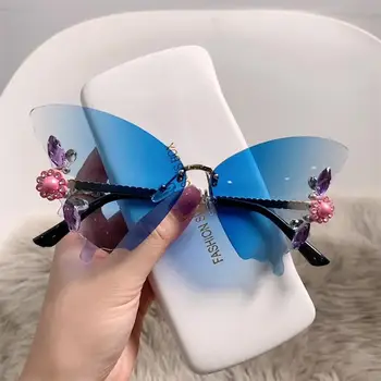 Роскошные Солнцезащитные очки Diamond Butterfly, женский бренд y2k, Винтажные Солнцезащитные очки большого размера без оправы, Женские очки UV400